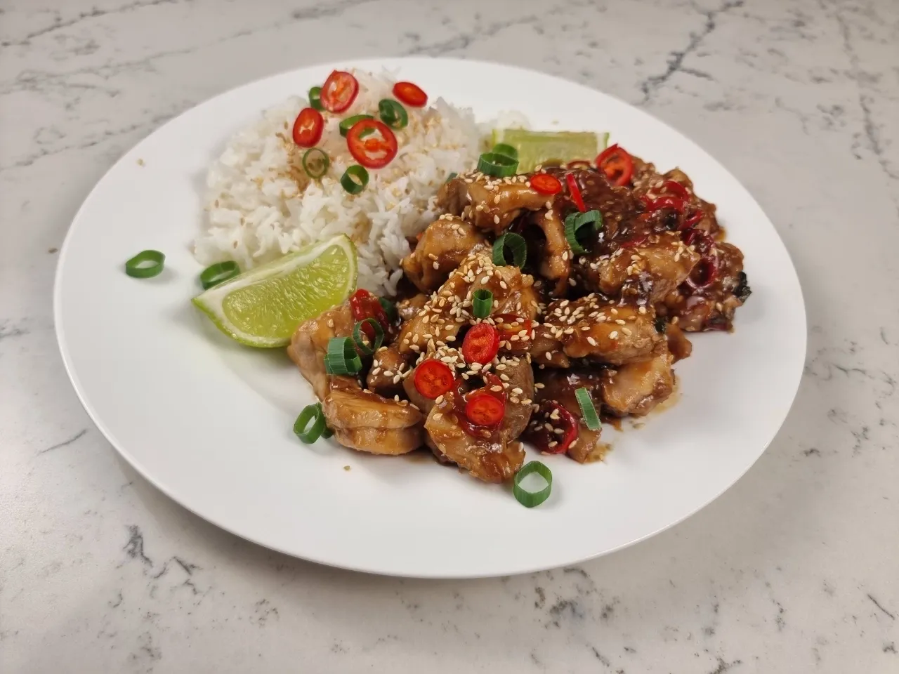 Ginger soy chicken thighs cubed with rice