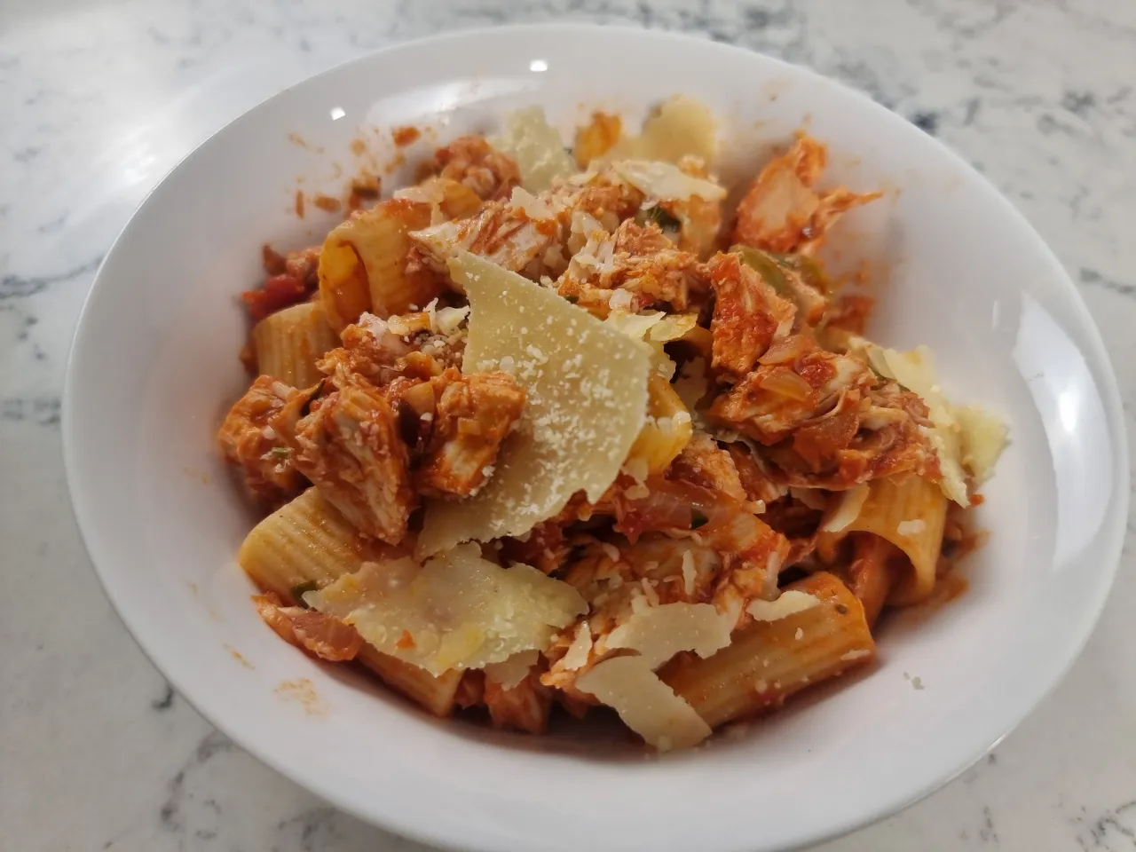 Quick Roast Chicken ‘Handbag’ Pasta with Tomato and Green Olives